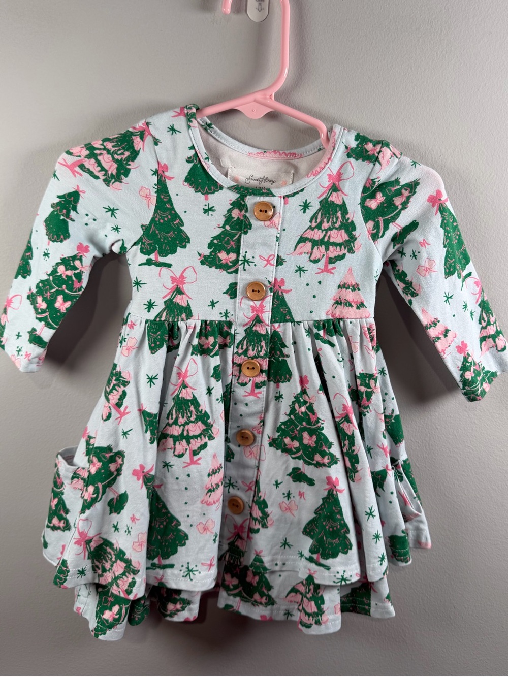 SweetHoney Holiday Tree Print Long Sleeve Twirl Dress Green & Pink Size 12m
